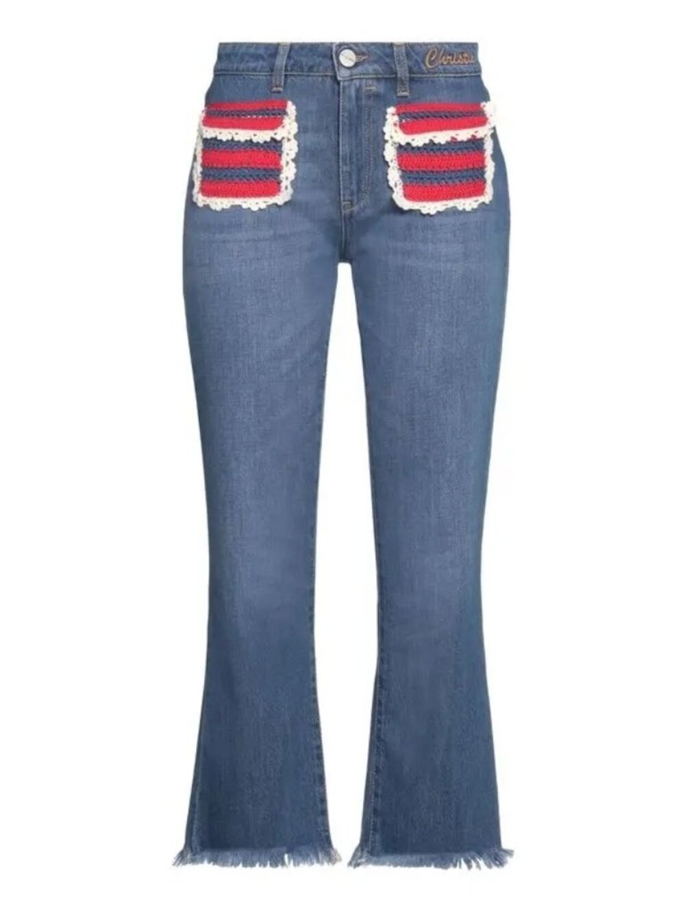 NEW P. Jean Italian Flared Crochet Patch Pocket Jeans, Size 26